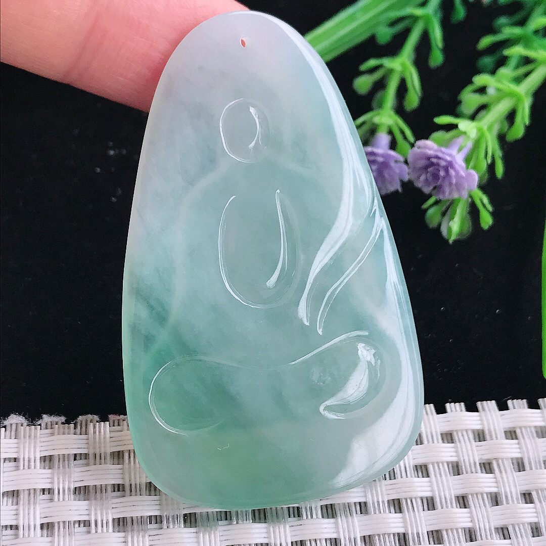 实拍A货翡翠57.8/35.5/5.3老坑冰胶果冻冰晴素衣观音吊坠翡翠玉牌挂件