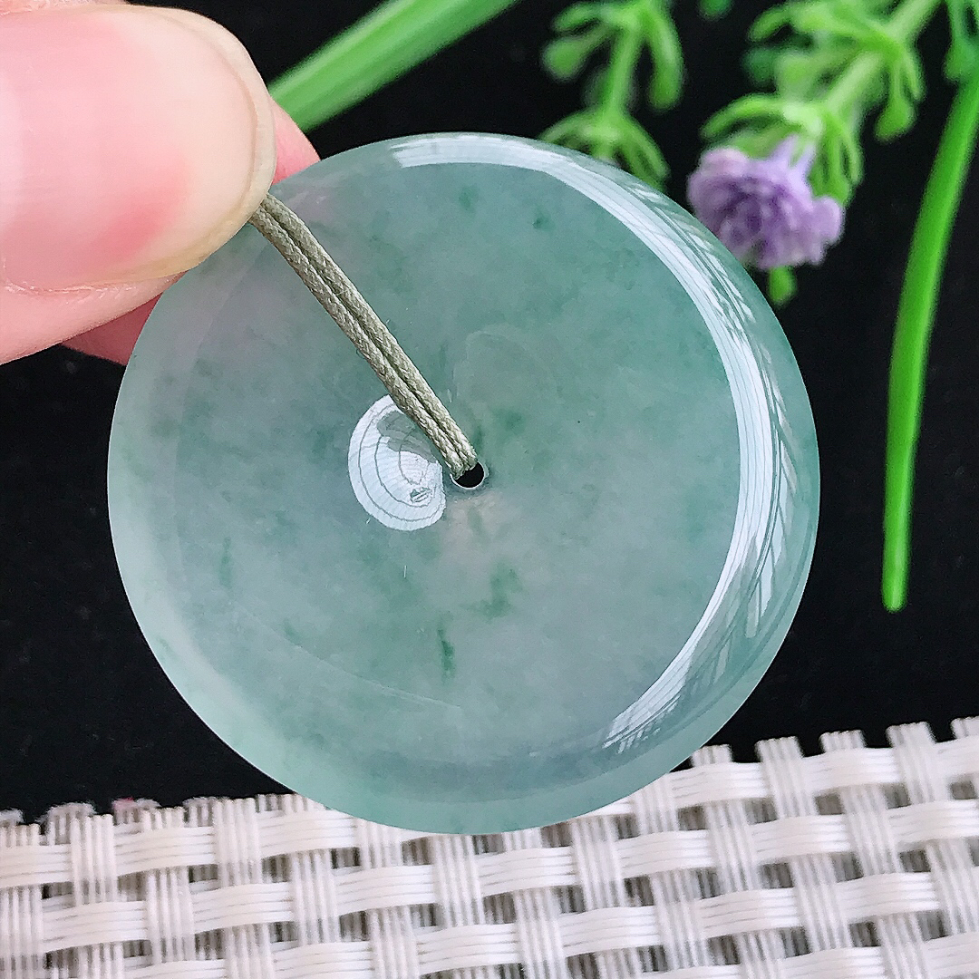 实拍A货翡翠35/6老坑冰种果冻胶冰晴飘花平安扣吊坠