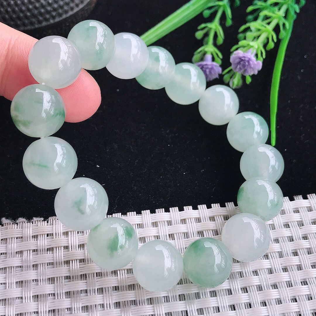 实拍A货翡翠12.8/16颗老坑冰胶果冻冰飘花圆珠手链吊坠翡翠玉珠珠链