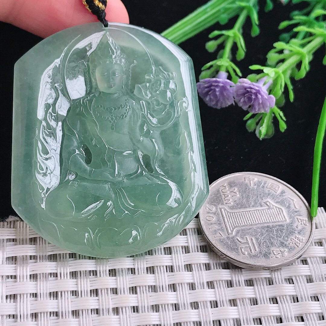 实拍A货翡翠50/42.5/5.5老坑冰种果冻胶冰晴满甜绿持莲观音吊坠大势至菩萨挂件