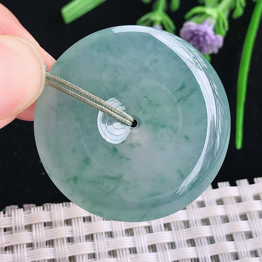 实拍A货翡翠35/6老坑冰种果冻胶冰晴飘花平安扣吊坠