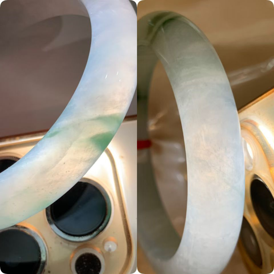 飘绿花正圈手镯尺寸54.5*11*8.5 老种通透，纯净细腻，胶润水足，绿花鲜亮有活力！