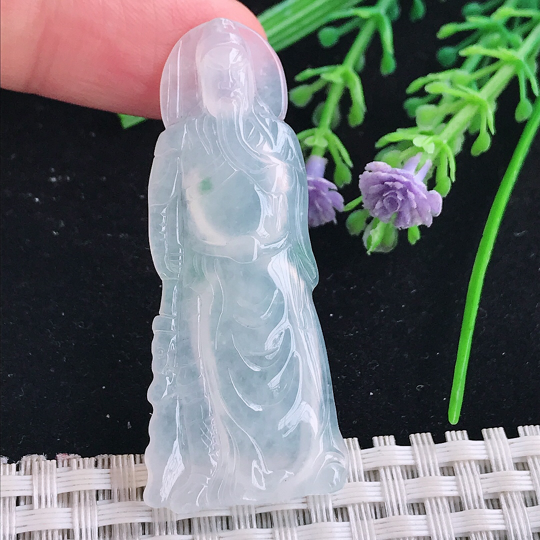 实拍A货翡翠51.5/22/4.5老坑冰种起胶关公吊坠翡翠玉牌挂件