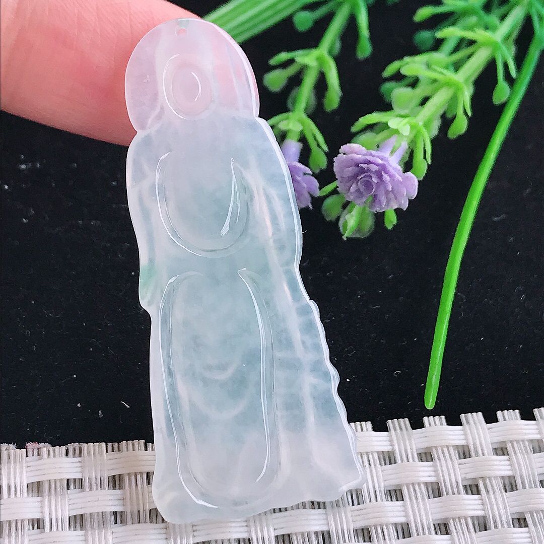 实拍A货翡翠51.5/22/4.5老坑冰种起胶关公吊坠翡翠玉牌挂件