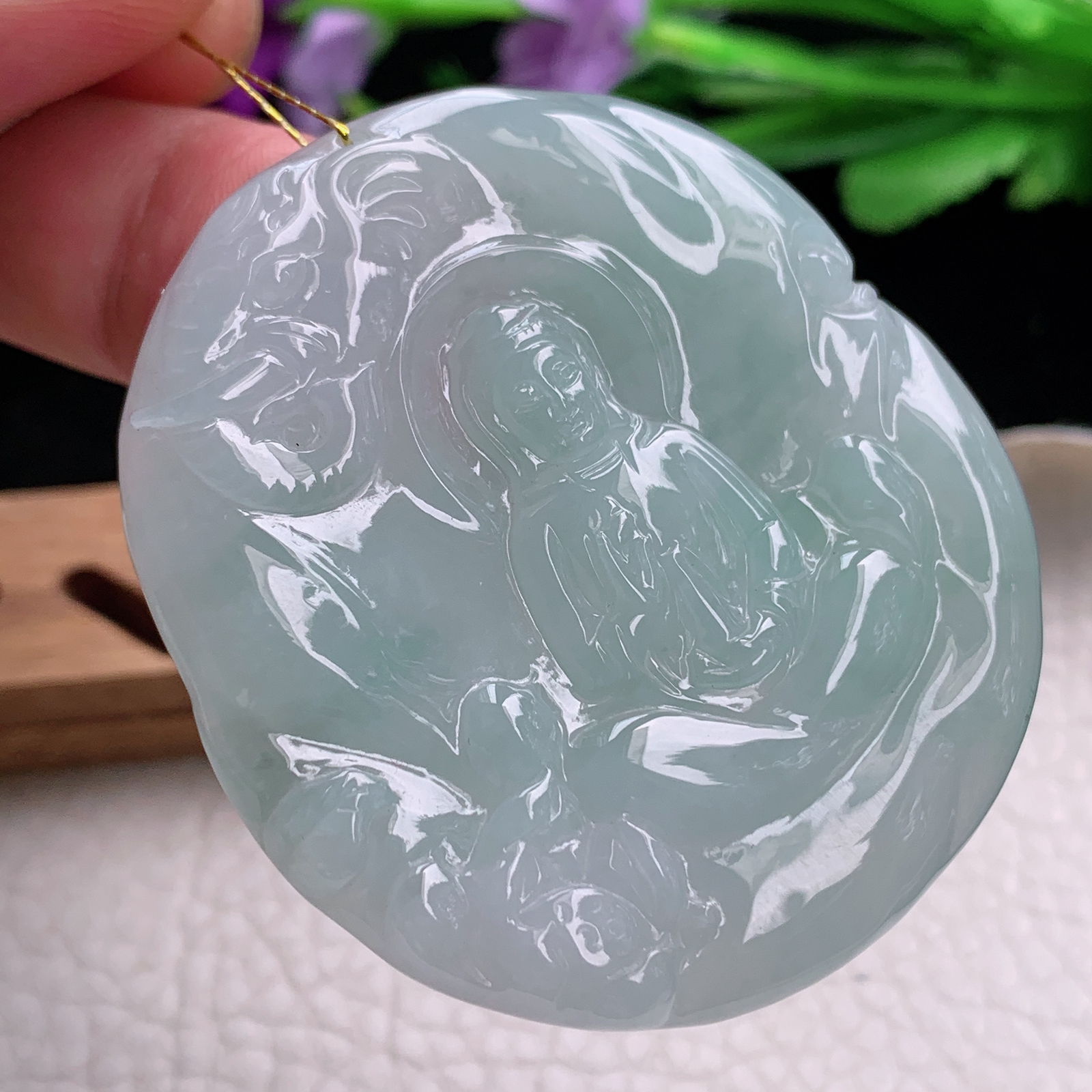 Xj实拍53.2*48.5*5.2天然缅甸翡翠a货淡绿观音菩萨吊坠 坐莲观音菩萨坠