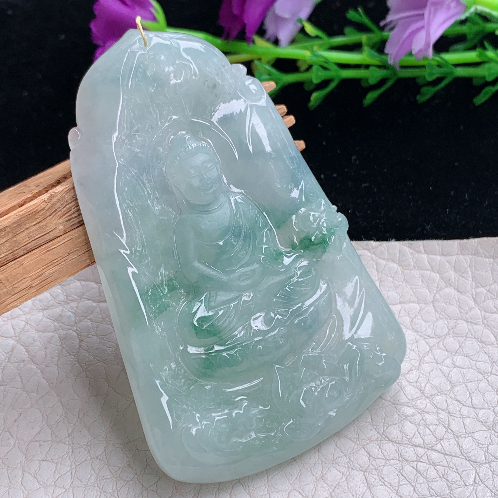 Xj实拍68.8*44.5*5.6天然缅甸翡翠a货飘花大日如来吊坠 生肖守护神玉坠