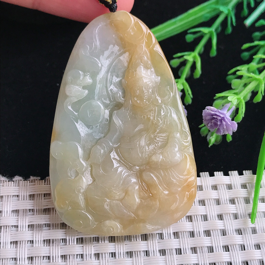 实拍A货翡翠56.3/37.6/5.2老坑精美冰润黄翡黄财神吊坠翡翠玉牌挂件