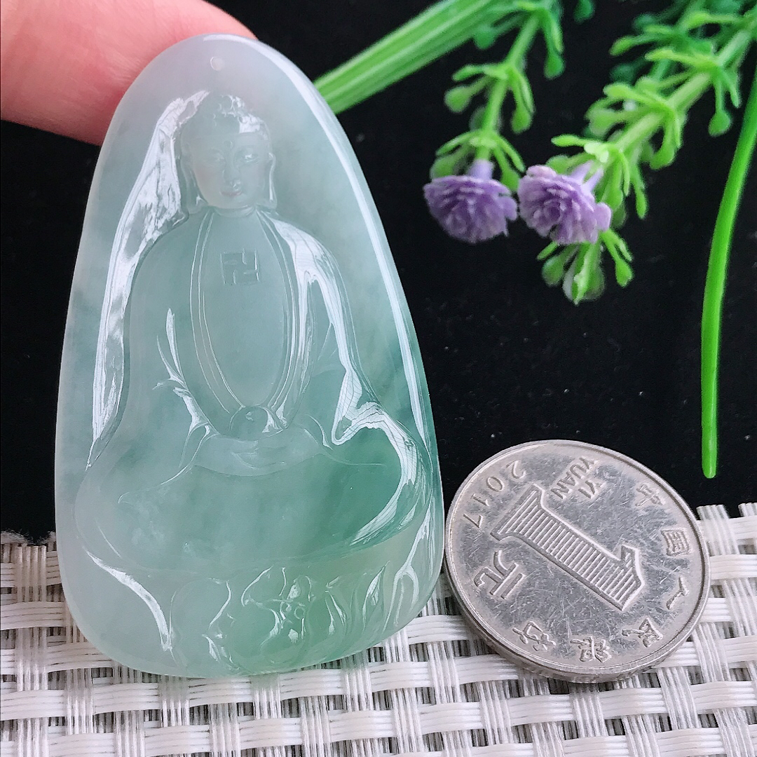 实拍A货翡翠57.8/35.5/5.3老坑冰胶果冻冰晴素衣观音吊坠翡翠玉牌挂件