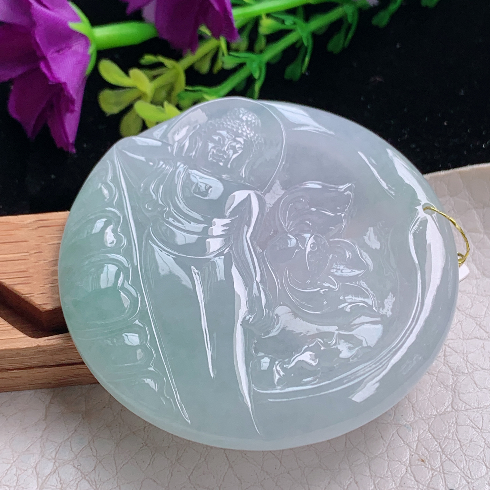 Xj实拍54*5.3天然缅甸翡翠冰透花开见佛吊坠 卧佛祖玉坠