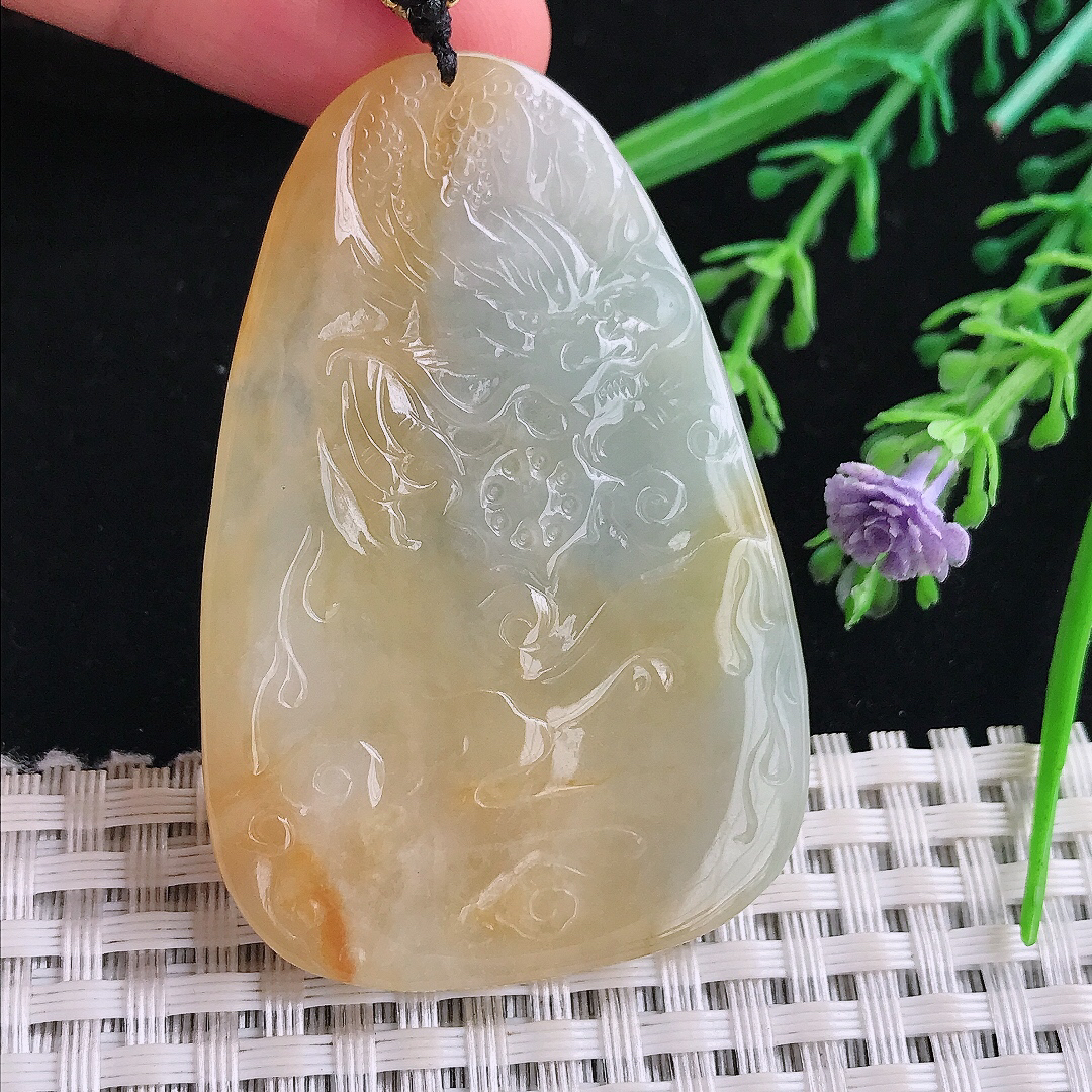 实拍A货翡翠56.3/37.6/5.2老坑精美冰润黄翡黄财神吊坠翡翠玉牌挂件