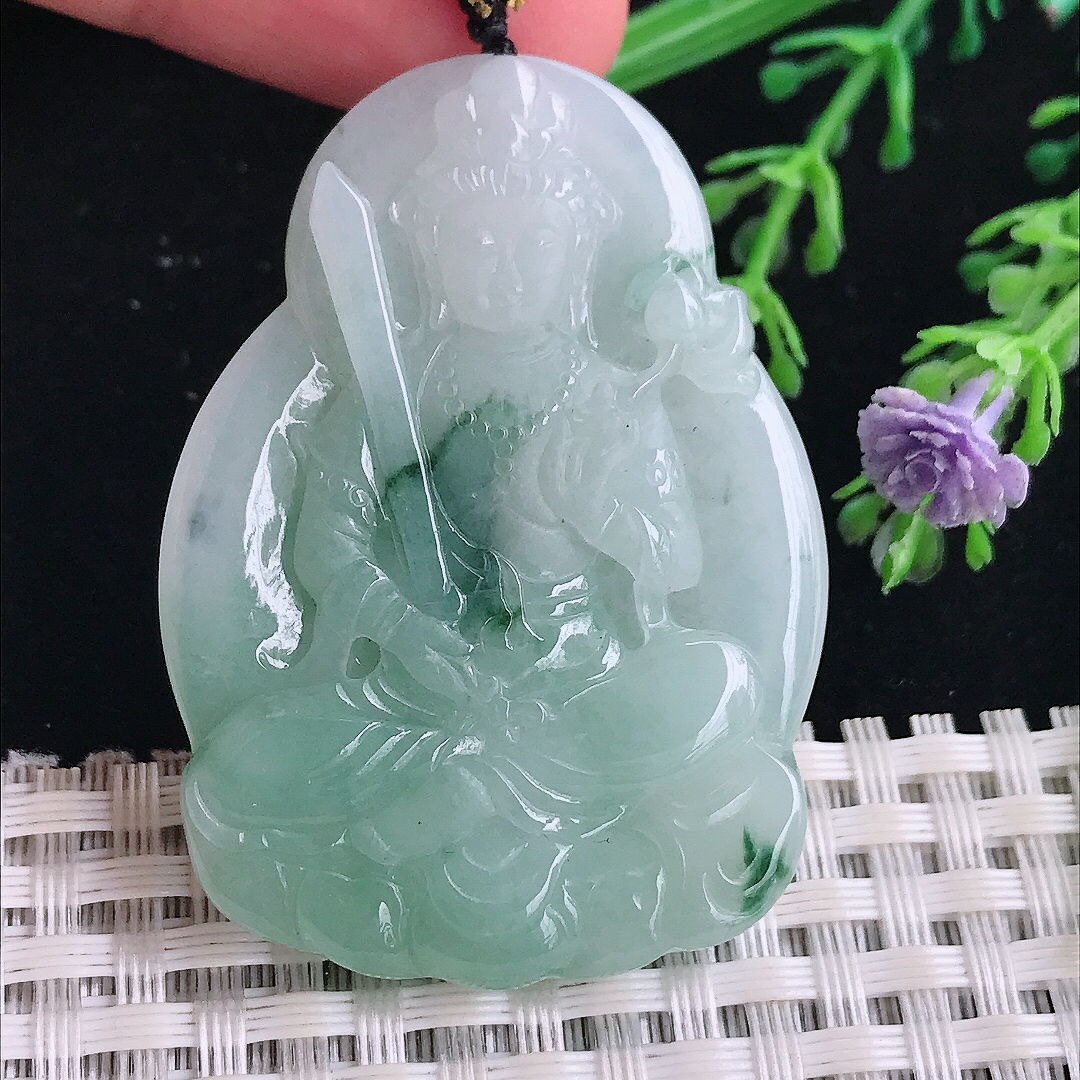 实拍A货翡翠49/35.2/5.6老坑冰润起胶飘花虚空藏菩萨吊坠翡翠玉牌挂件