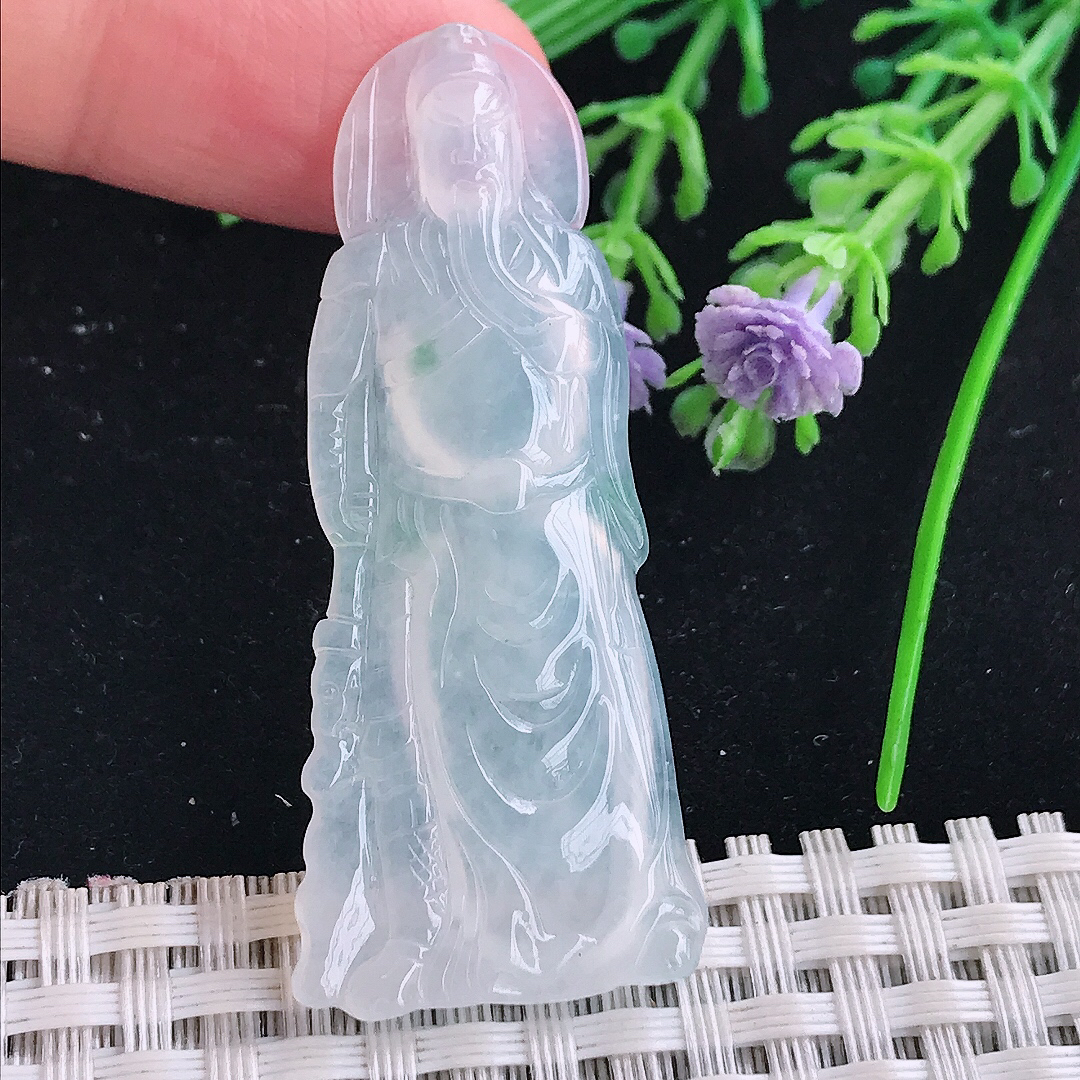 实拍A货翡翠51.5/22/4.5老坑冰种起胶关公吊坠翡翠玉牌挂件