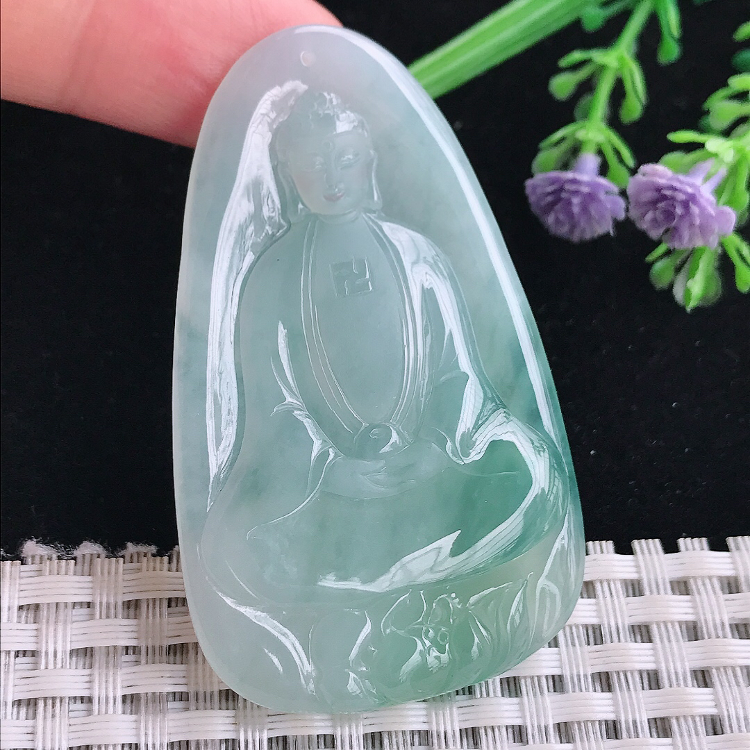 实拍A货翡翠57.8/35.5/5.3老坑冰胶果冻冰晴素衣观音吊坠翡翠玉牌挂件
