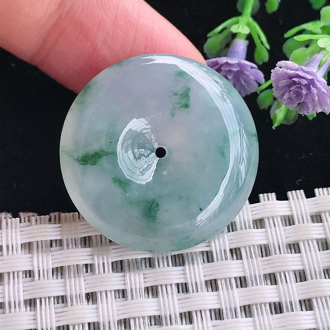 实拍A货翡翠27.8/5.8老坑冰胶果冻飘花平安扣吊坠翡翠玉扣挂件