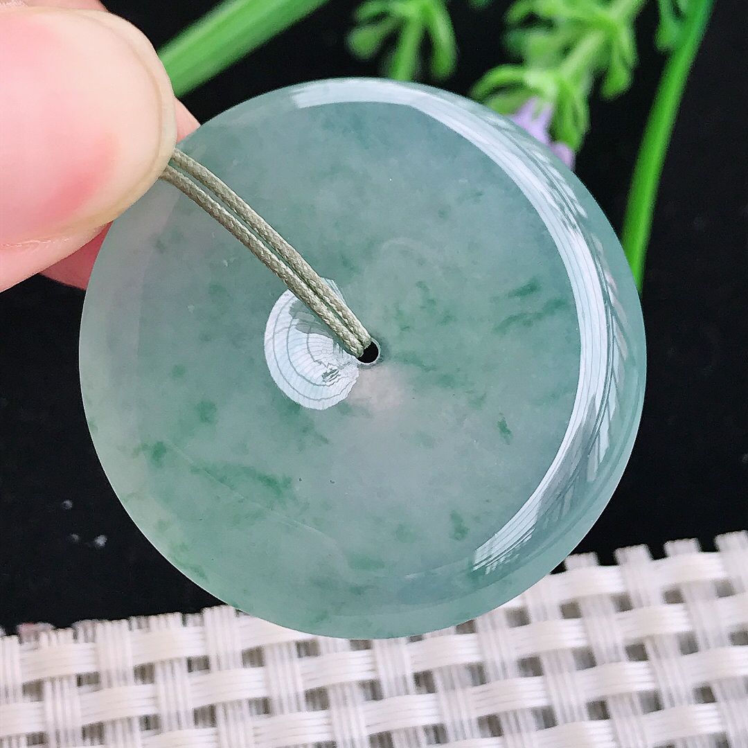 实拍A货翡翠35/6老坑冰种果冻胶冰晴飘花平安扣吊坠