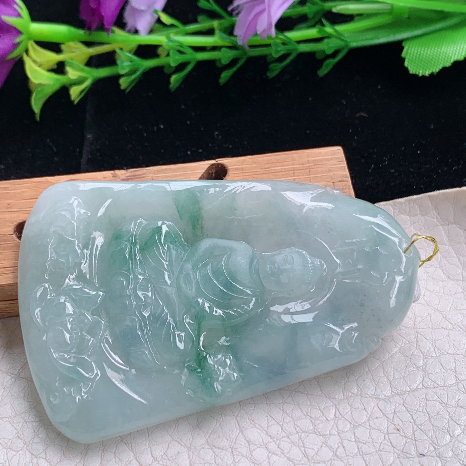 Xj实拍68.8*44.5*5.6天然缅甸翡翠a货飘花大日如来吊坠 生肖守护神玉坠