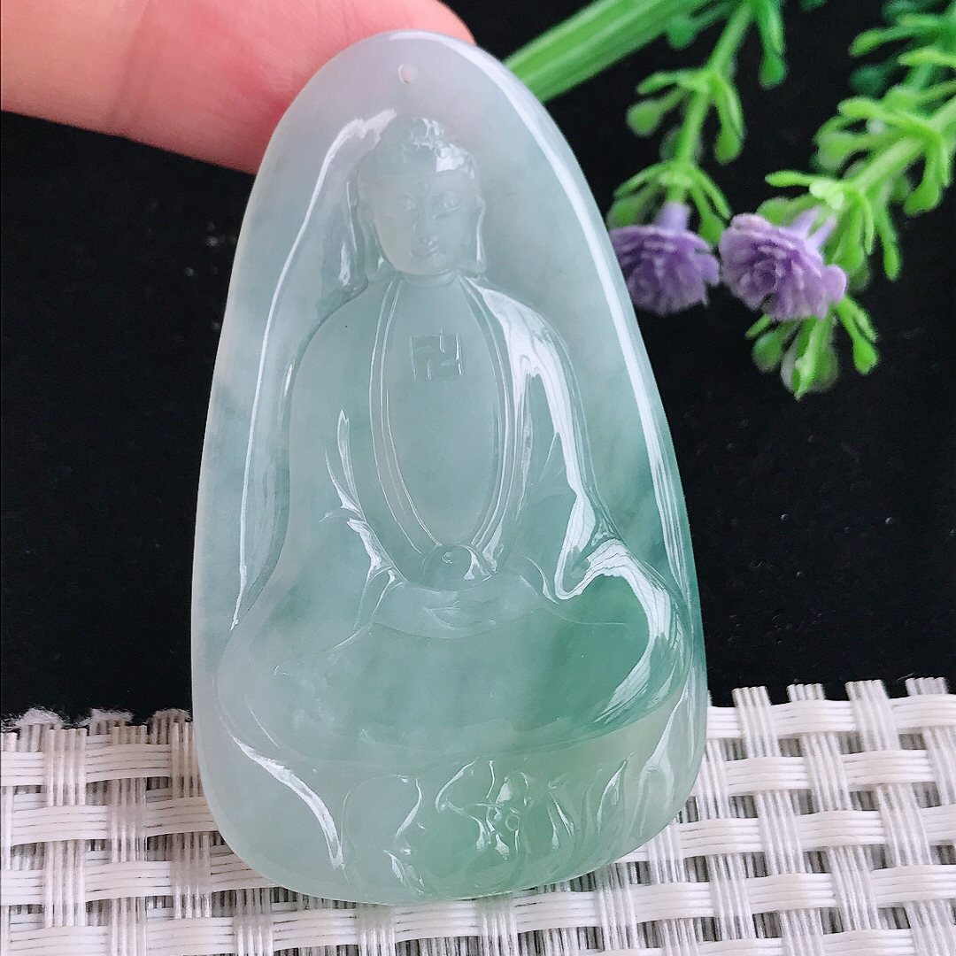 实拍A货翡翠57.8/35.5/5.3老坑冰胶果冻冰晴素衣观音吊坠翡翠玉牌挂件