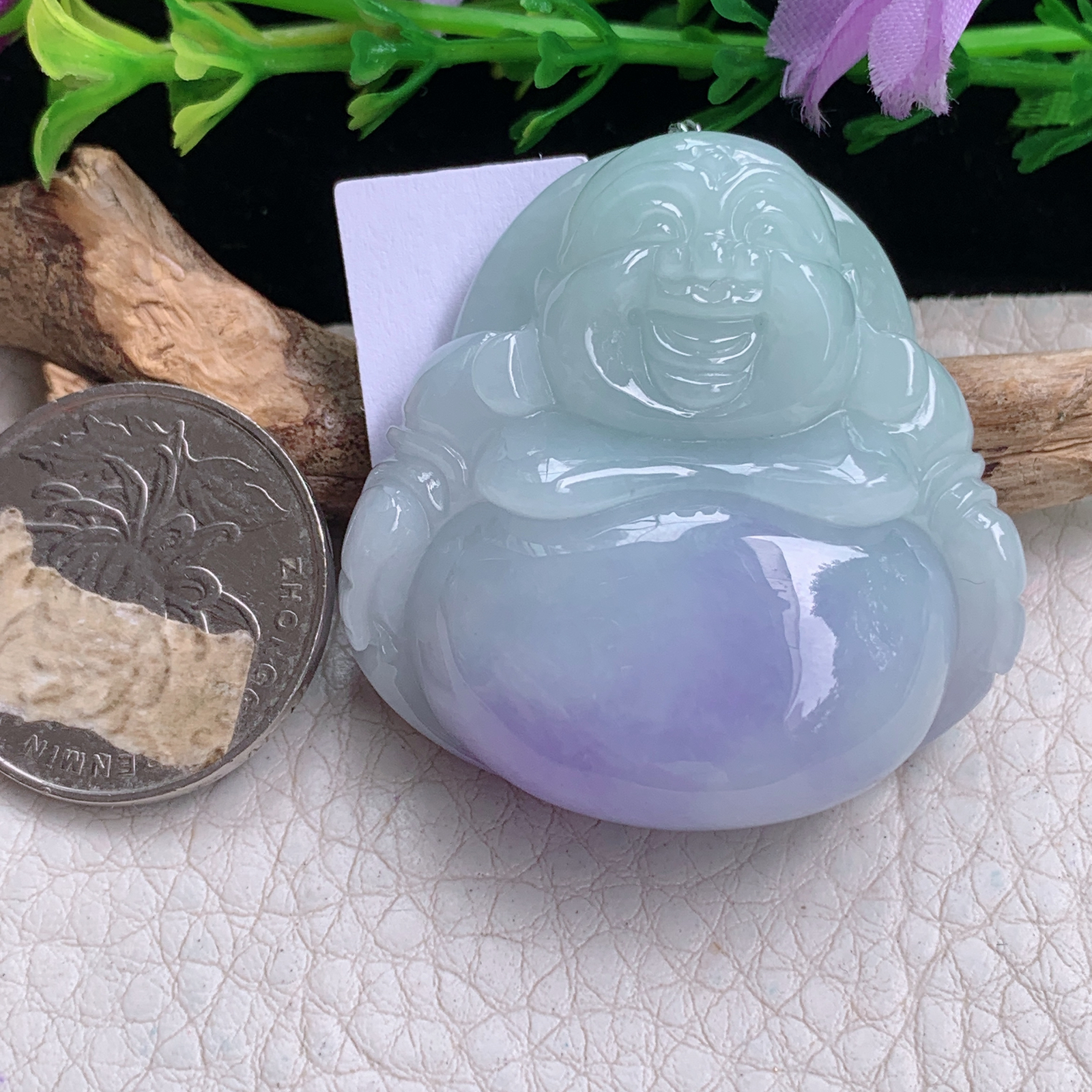 Xqa实拍39*39.3*13.5天然缅甸翡翠a货胶感春带彩佛公 弥勒佛玉吊坠