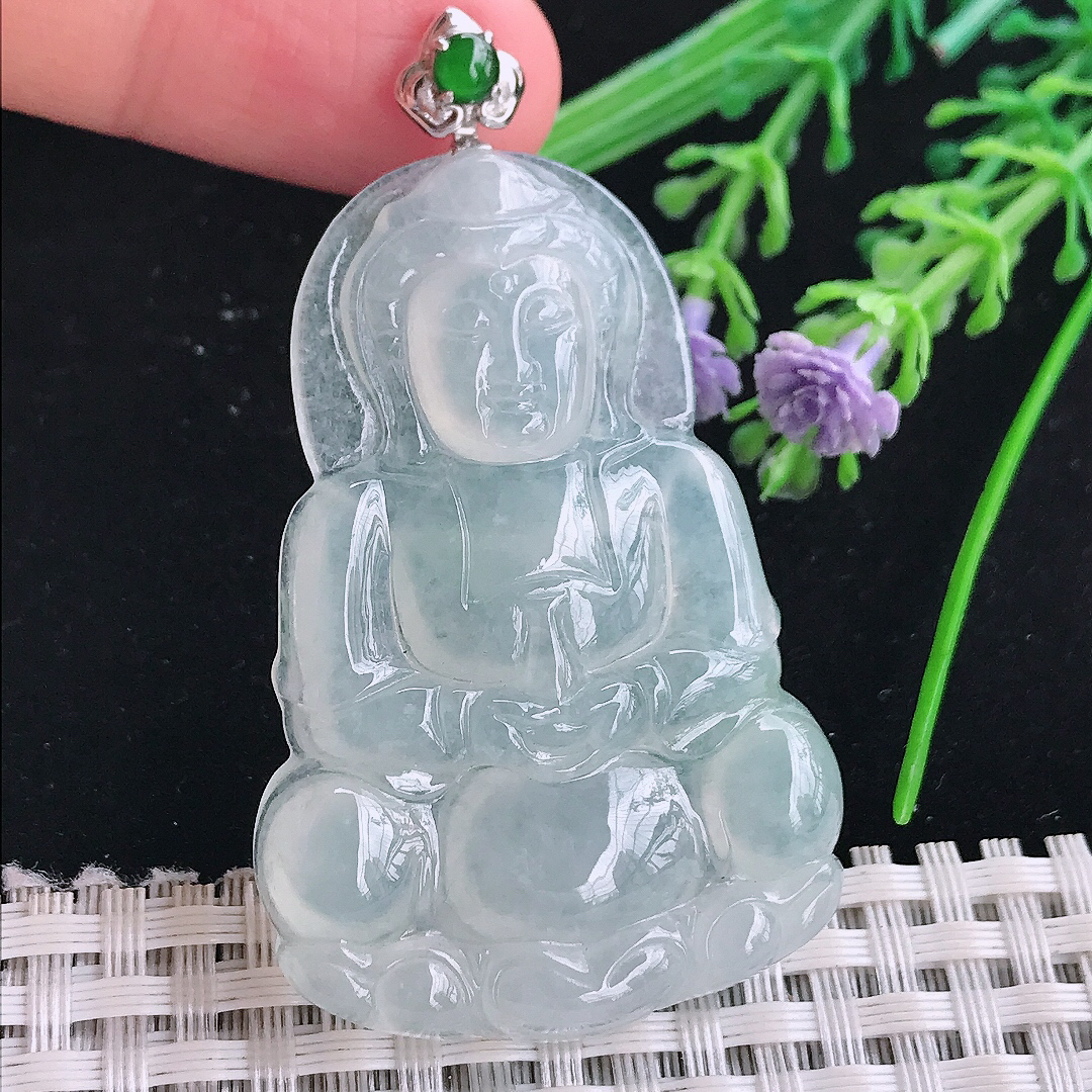 实拍A货翡翠51.5/35/5.8老坑18k金镶嵌冰种观音菩萨吊坠翡翠玉牌挂件