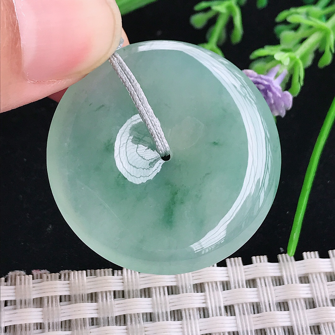 实拍A货翡翠34.2/6老坑冰胶果冻冰飘花平安扣吊坠飘花翡翠玉扣