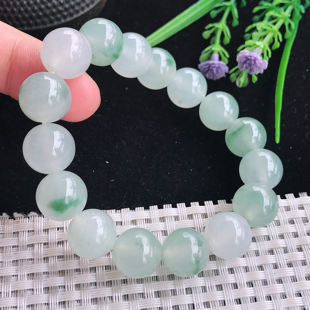实拍A货翡翠12.8/16颗老坑冰胶果冻冰飘花圆珠手链吊坠翡翠玉珠珠链