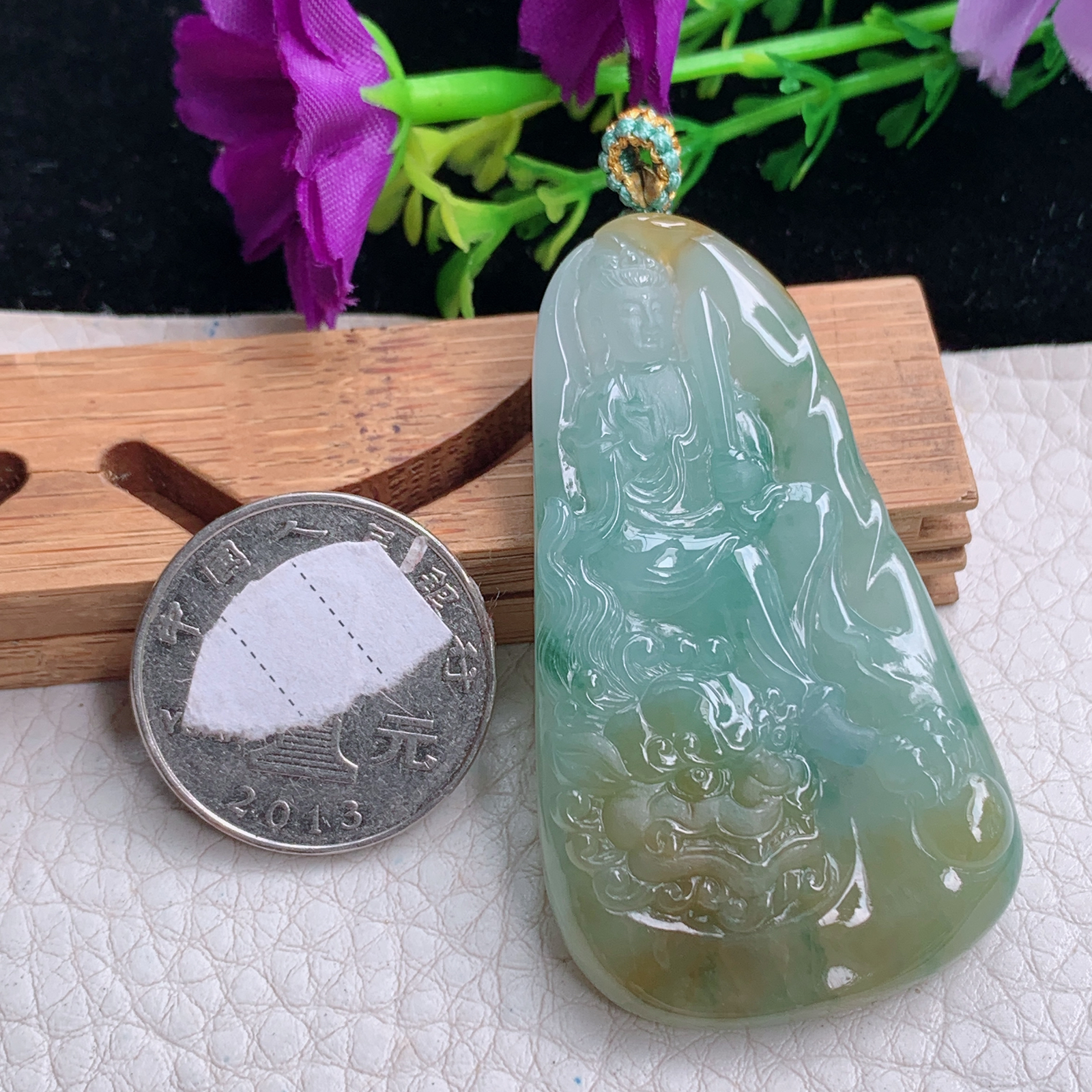 yn实拍54.2*31.2*7.5天然缅甸翡翠a货冰双彩文殊菩萨玉吊坠