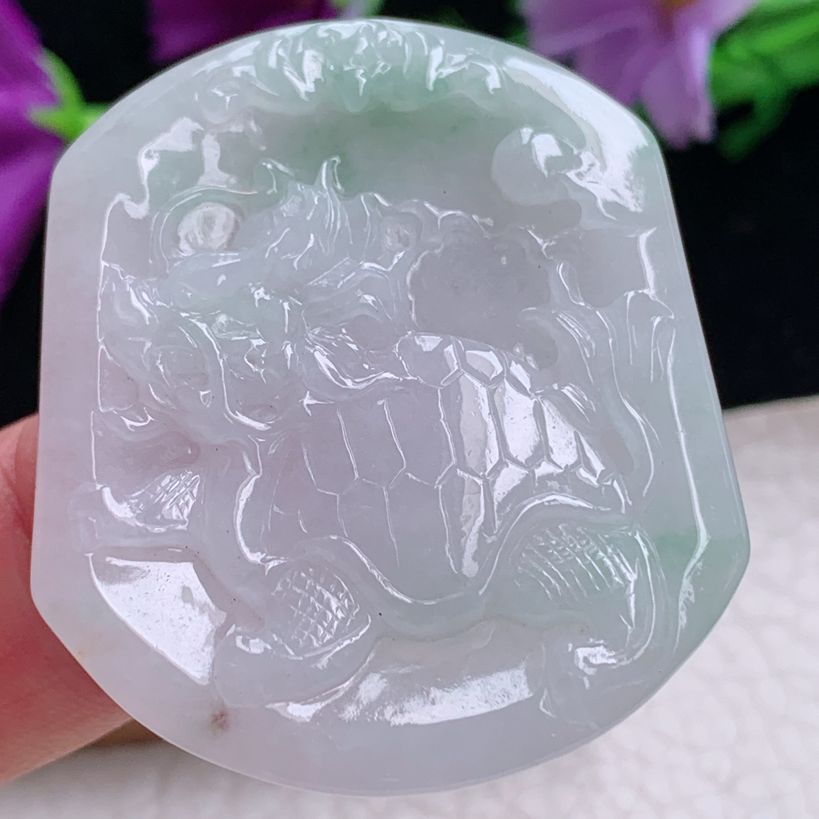 yn实拍43*37.5*4天然缅甸翡翠a货飘花龙头龟玉吊坠 玉挂件