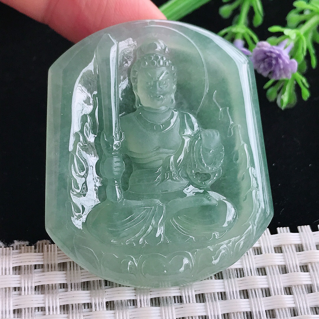 实拍A货翡翠50/42.7/4.8老坑冰胶果冻冰晴满绿不动明王吊坠翡翠玉牌挂件