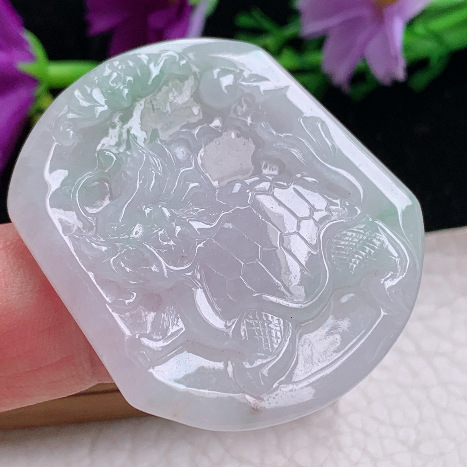 yn实拍43*37.5*4天然缅甸翡翠a货飘花龙头龟玉吊坠 玉挂件