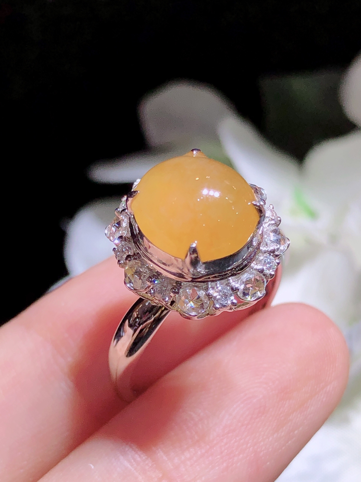 18K金镶 冰黄蛋面戒指 完美 水润色艳 品相饱满