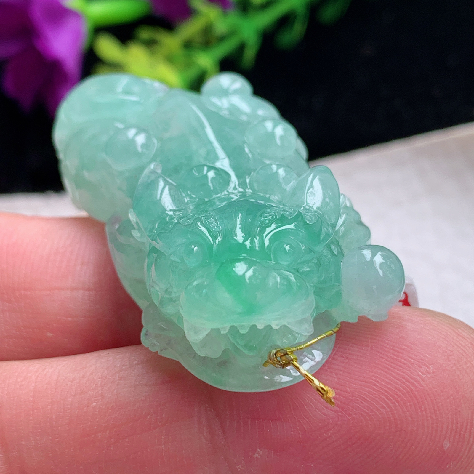 Xj实拍47.5*24*13天然缅甸翡翠a货胶满绿招财貔貅吊坠 精雕皮休瑞兽玉坠