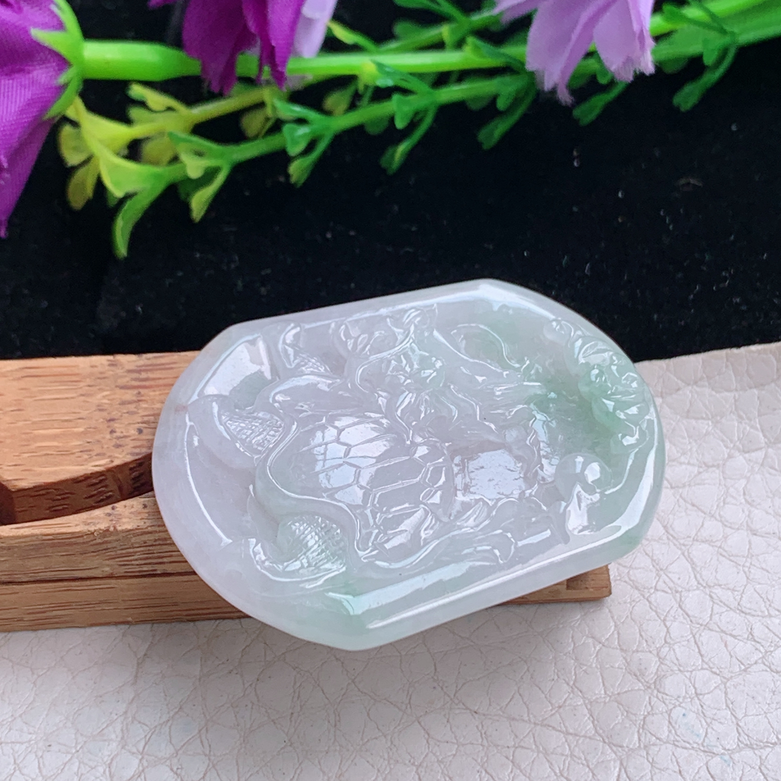 yn实拍43*37.5*4天然缅甸翡翠a货飘花龙头龟玉吊坠 玉挂件