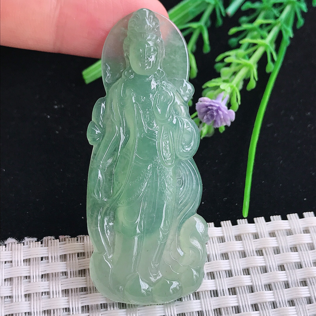实拍A货翡翠64.8/26.6/6老坑冰种冰晴满甜绿赐福观音吊坠翡翠玉观音挂件