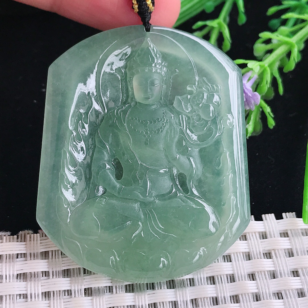 实拍A货翡翠50/42.5/5.5老坑冰种果冻胶冰晴满甜绿持莲观音吊坠大势至菩萨挂件