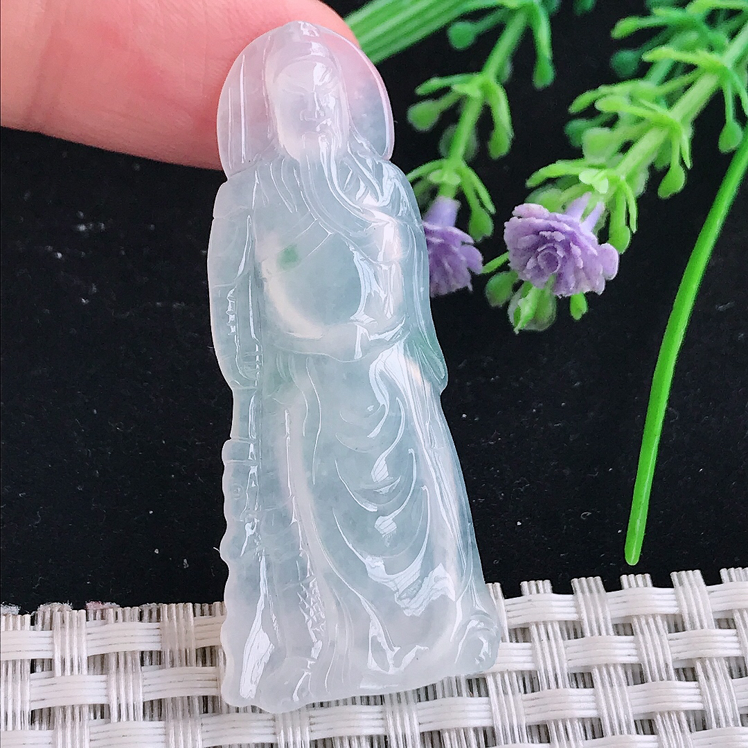 实拍A货翡翠51.5/22/4.5老坑冰种起胶关公吊坠翡翠玉牌挂件