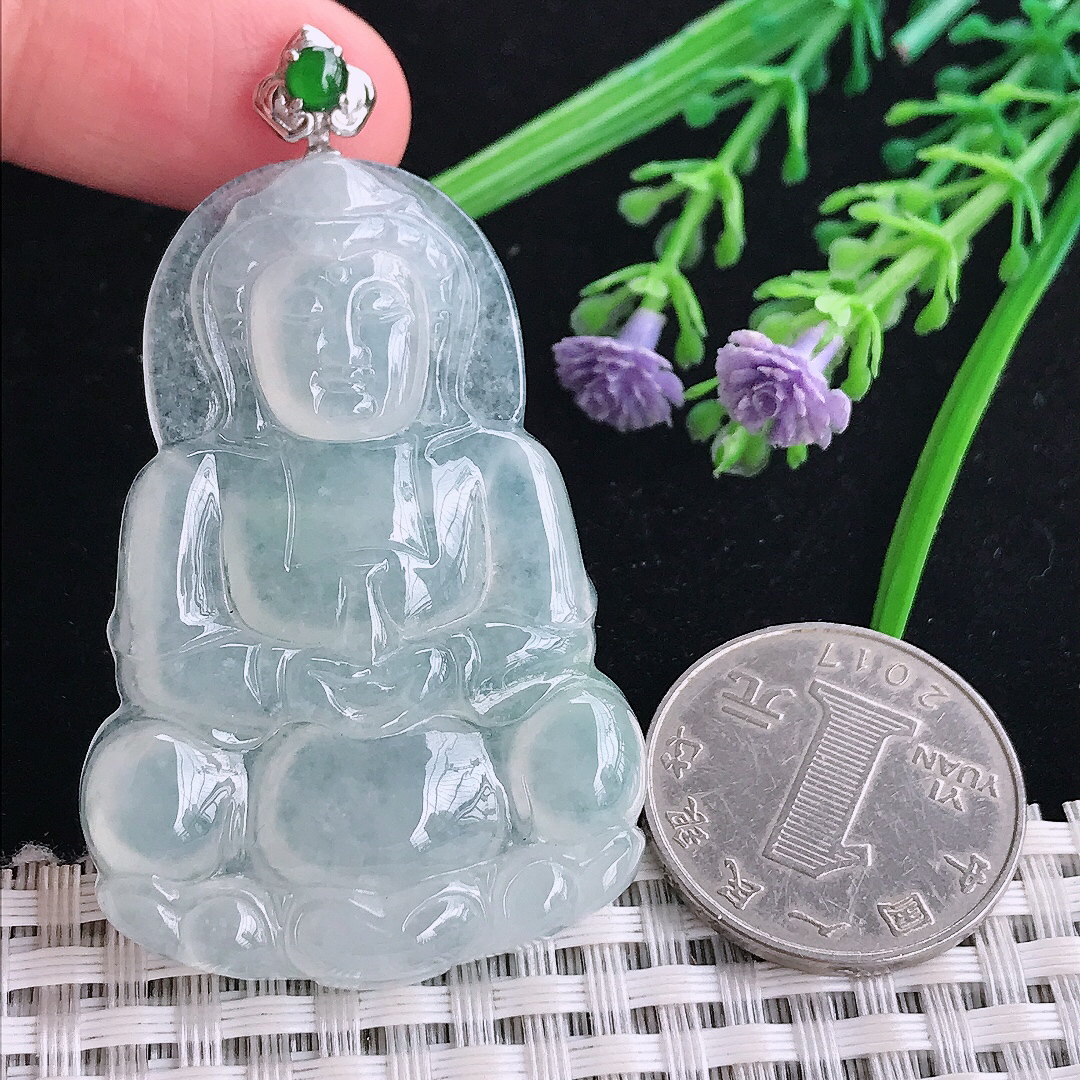 实拍A货翡翠51.5/35/5.8老坑18k金镶嵌冰种观音菩萨吊坠翡翠玉牌挂件