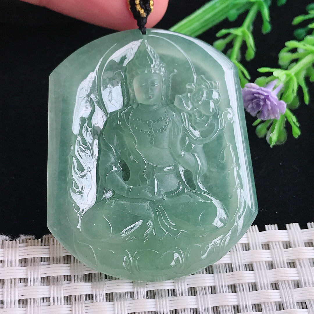 实拍A货翡翠50/42.5/5.5老坑冰种果冻胶冰晴满甜绿持莲观音吊坠大势至菩萨挂件