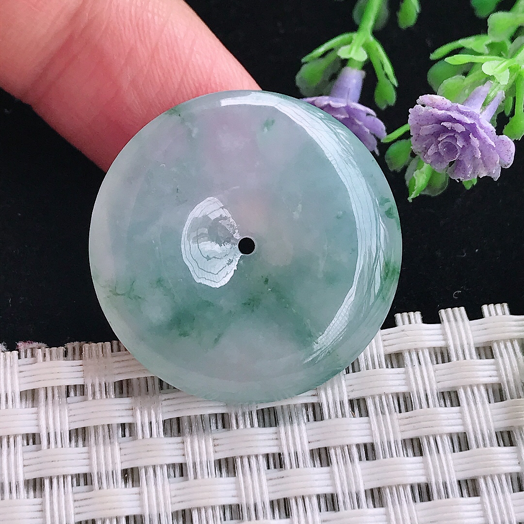 实拍A货翡翠27.8/5.8老坑冰胶果冻飘花平安扣吊坠翡翠玉扣挂件