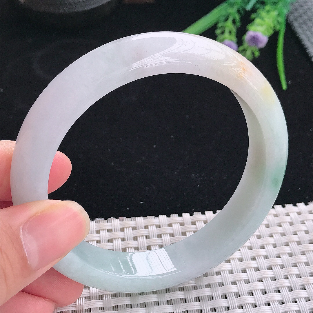 实拍A货翡翠61.5/12.8/8.7大圈口老坑秀气冰润飘花手镯宽边玉镯平安镯