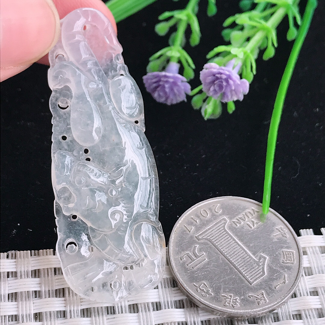 实拍A货翡翠53.5/19.5/5老坑冰种起光下山虎虎牌吊坠翡翠玉牌挂件