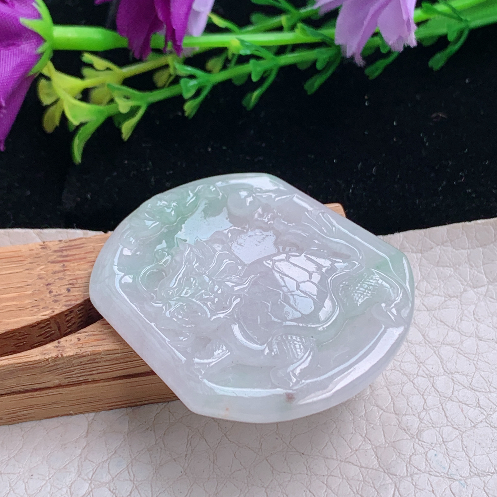 yn实拍43*37.5*4天然缅甸翡翠a货飘花龙头龟玉吊坠 玉挂件