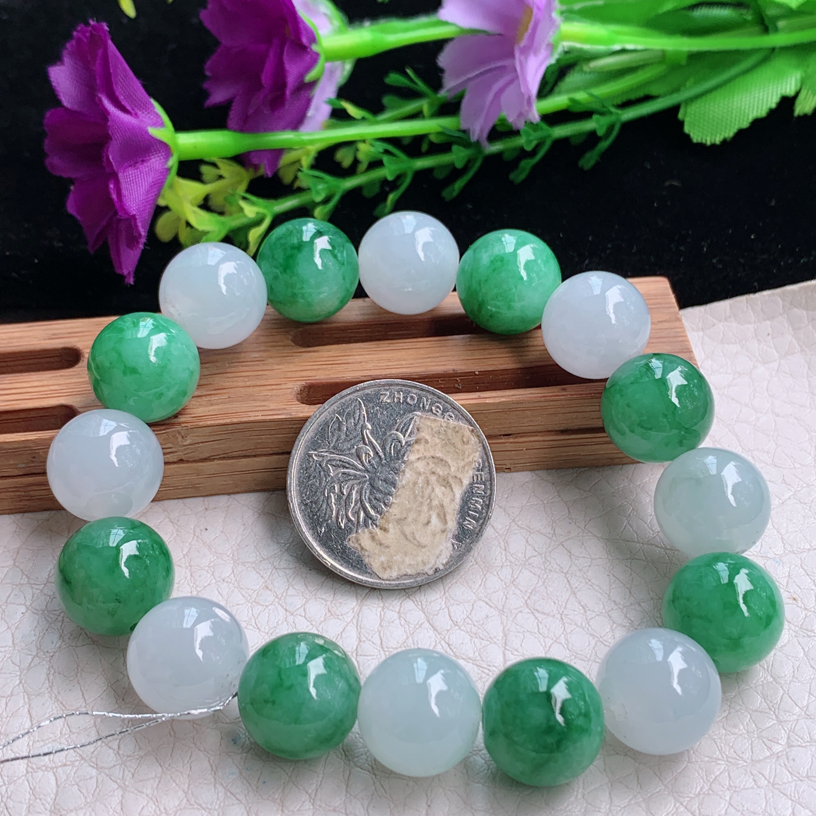 qxm天然缅甸翡翠a货冰双彩13mm圆珠玉手链 玉手串