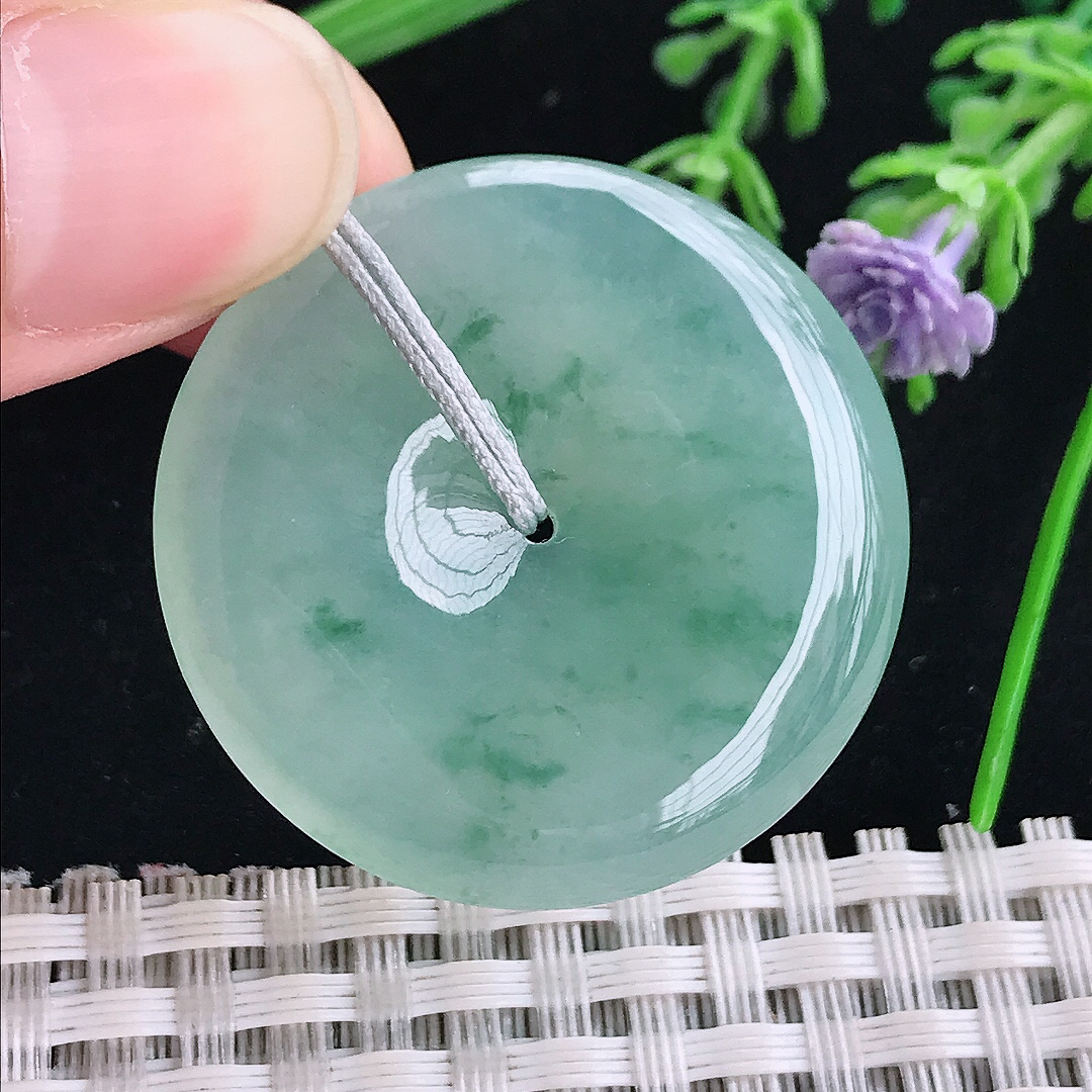 实拍A货翡翠34.2/6老坑冰胶果冻冰飘花平安扣吊坠飘花翡翠玉扣