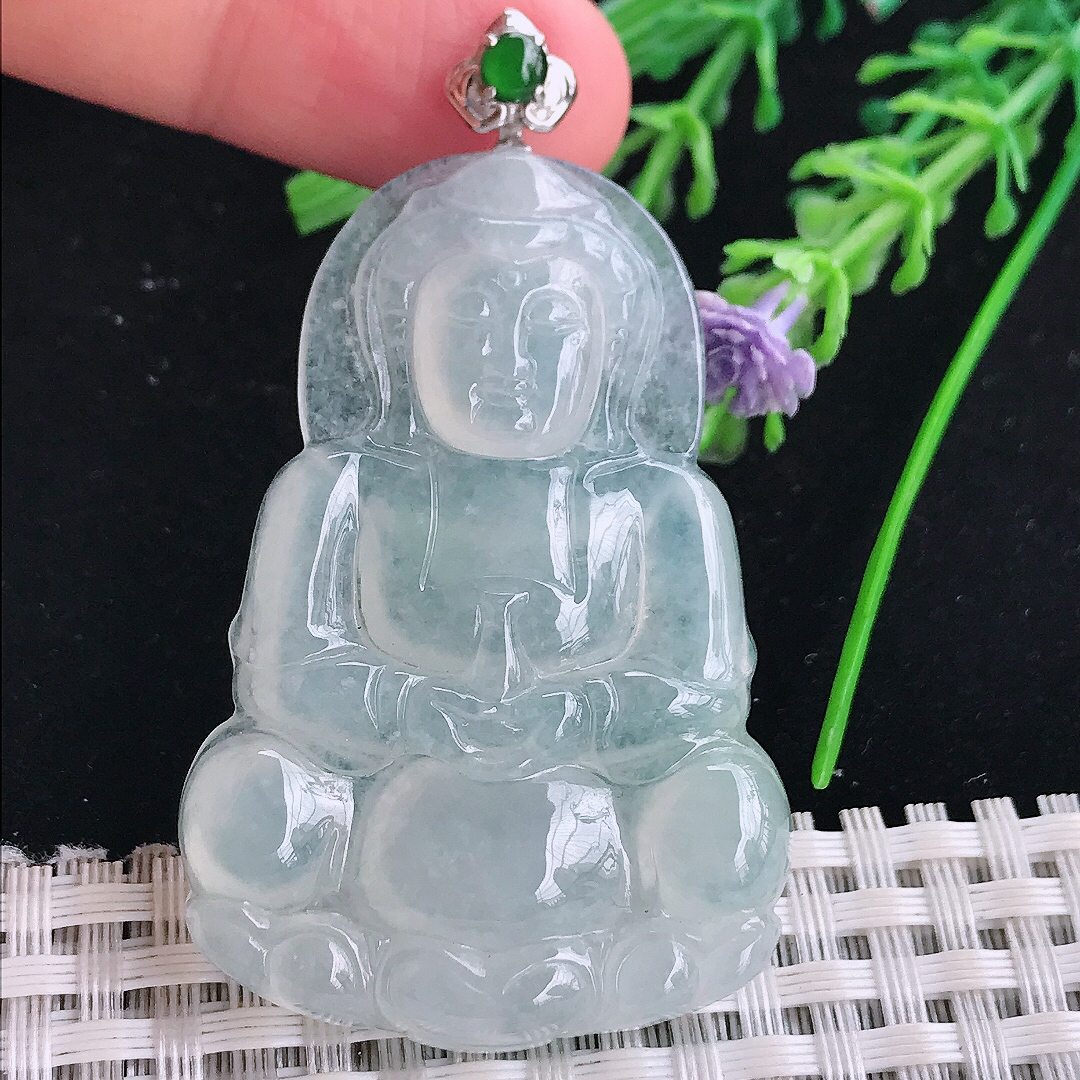 实拍A货翡翠51.5/35/5.8老坑18k金镶嵌冰种观音菩萨吊坠翡翠玉牌挂件