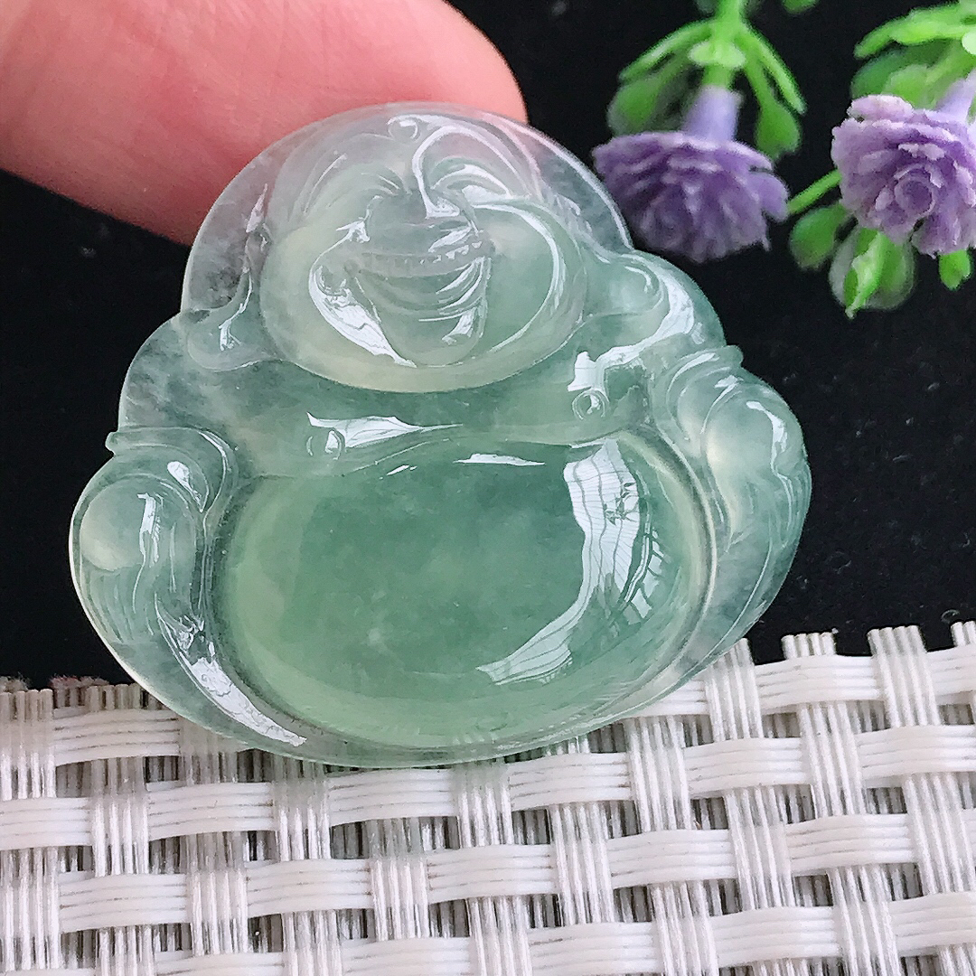 实拍A货翡翠31/35/6老坑冰种起胶冰晴绿佛公吊坠翡翠玉佛挂件