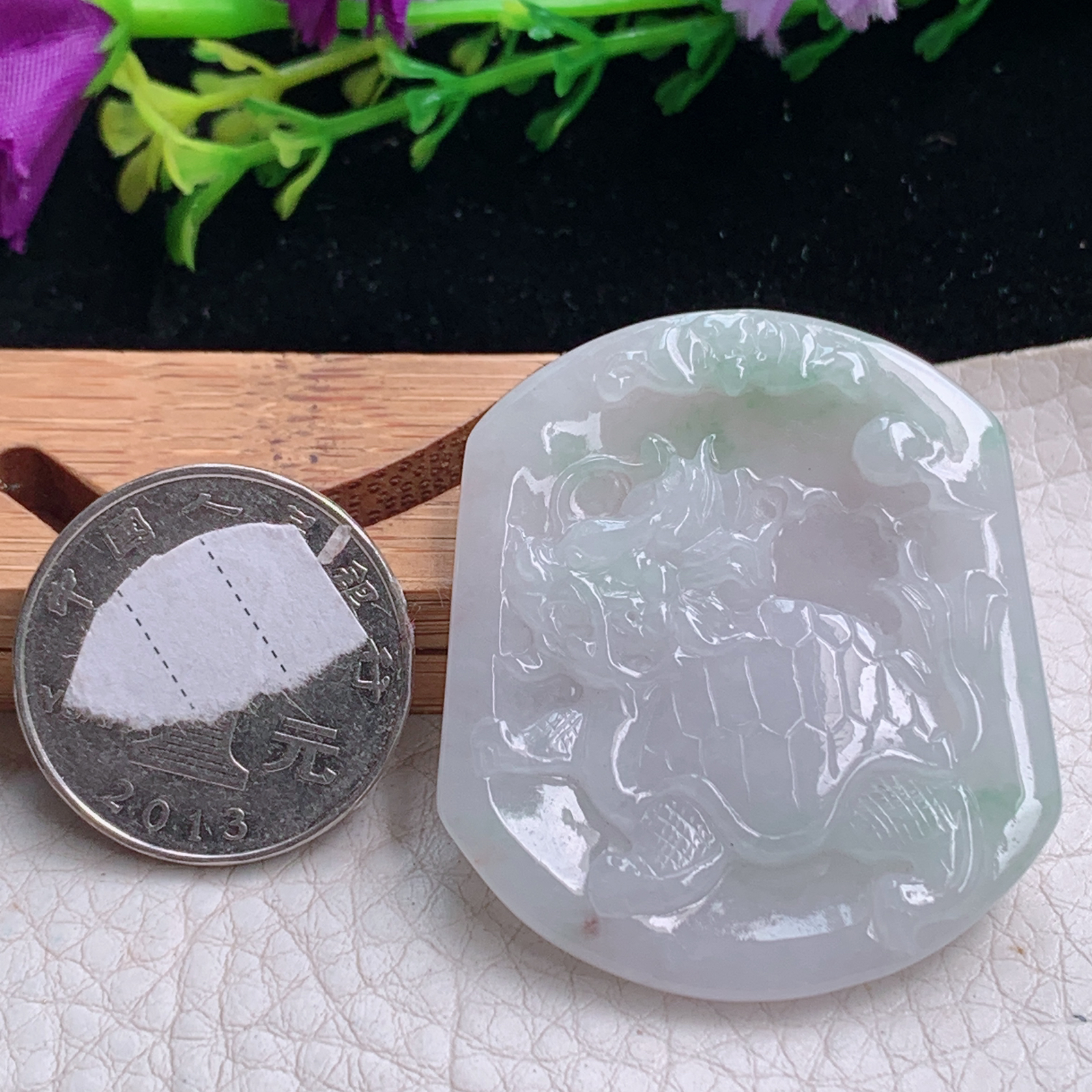 yn实拍43*37.5*4天然缅甸翡翠a货飘花龙头龟玉吊坠 玉挂件