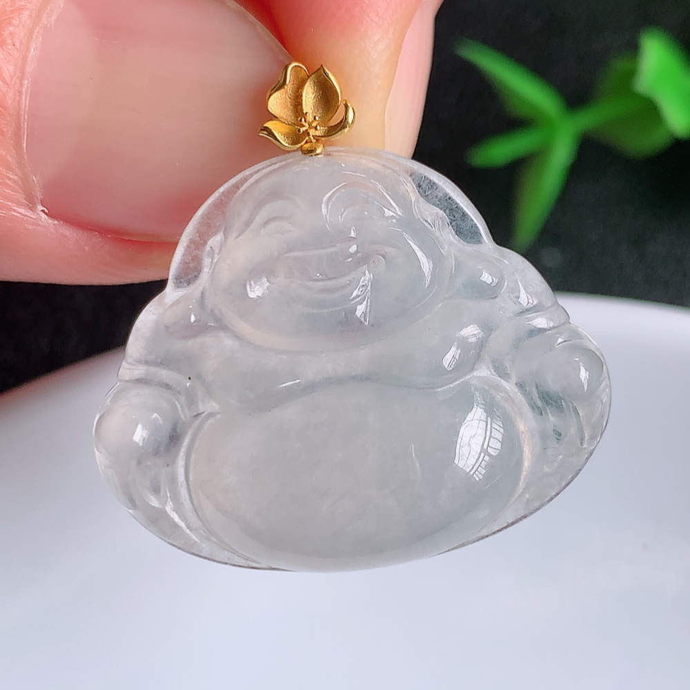 18k金扣冰润佛公挂件 玉质细腻  精雕弥勒佛，笑佛福耳垂肩，面相喜庆，开怀大笑，憨态可掬。惟妙惟肖，寓意福禄双全，吉祥美满，笑口常开 W141.8 尺寸：21-26.5-5.5mm