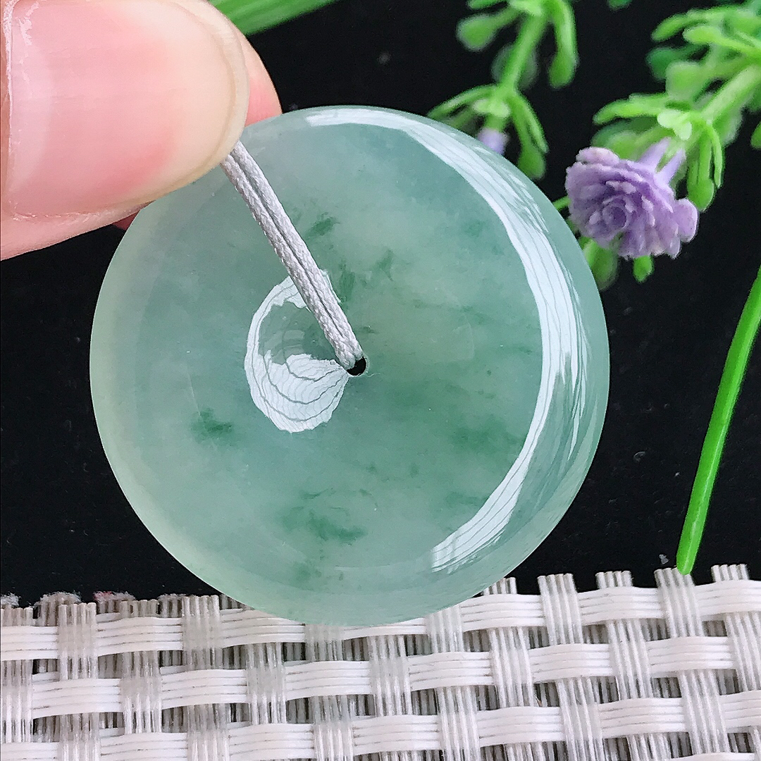 实拍A货翡翠34.2/6老坑冰胶果冻冰飘花平安扣吊坠飘花翡翠玉扣