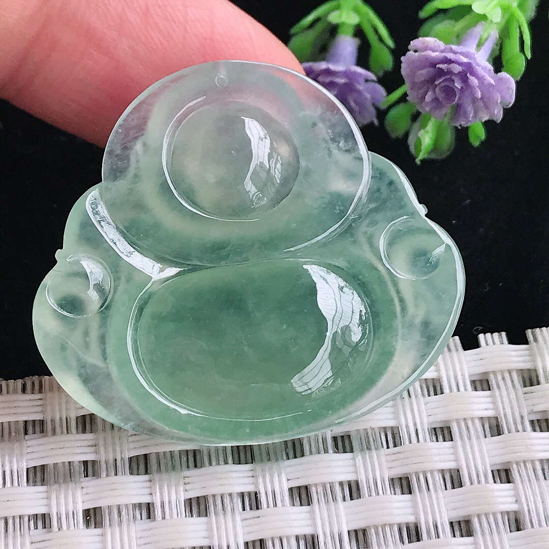 实拍A货翡翠31/35/6老坑冰种起胶冰晴绿佛公吊坠翡翠玉佛挂件