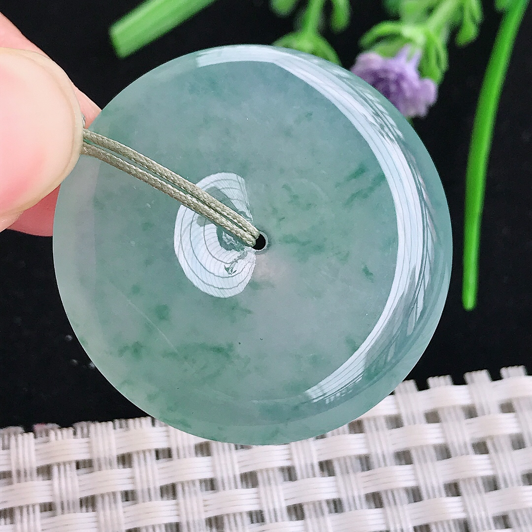 实拍A货翡翠35/6老坑冰种果冻胶冰晴飘花平安扣吊坠